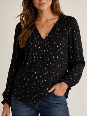 Velvet by Graham & Spencer Black Blouse with Gold Dot Print Size S